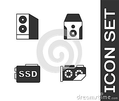 Set Video graphic card, Case of computer, SSD and Uninterruptible power supply icon. Vector Stock Photo