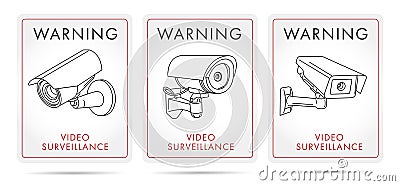 Video surveillance posters and stickers with linear icon of camera Vector Illustration