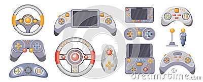 Set of Videogame Joysticks. Consoles, Gamepads for Playing Video Games, Wireless Gaming Gadgets, Gamepad, Steering Wheel Vector Illustration