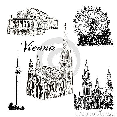 Set of Vienna symbols Vector hand drawn ink pen sketch illustration. Donauturm, Stephansdom, Rathaus, Prater Vector Illustration