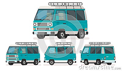 Set of views of minivan for travel. Trip van. Vector illustration Cartoon Illustration