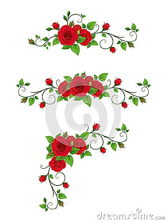 Set of vignettes with red rose vines. Vector illustration. Vector Illustration