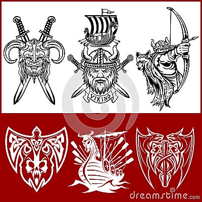 Set of viking emblems, labels and logos. Vector Illustration