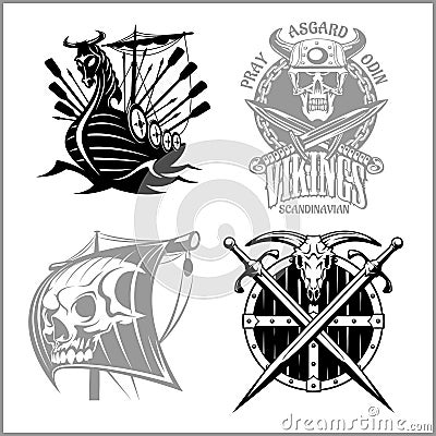 Set of viking emblems, labels and logos. Vector Illustration