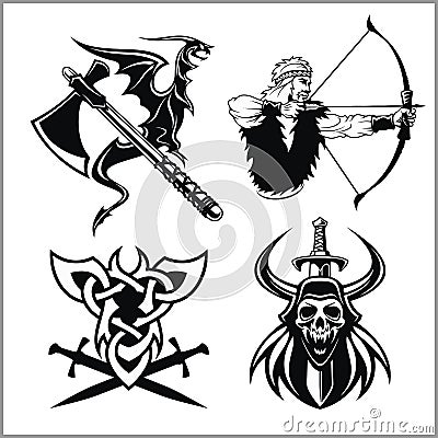 Set of viking emblems, labels and logos. Vector Illustration