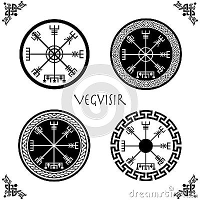 Set of Viking Vegvisir Futhark Rune Magical Navigator Compass with Celtic Knot Circle Frames. Protective runic talisman Vector Illustration