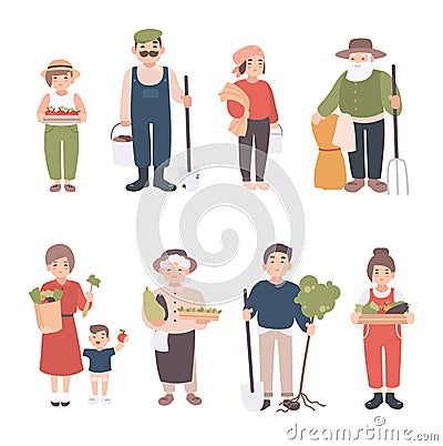 Set of village people. Different young, adult, old farmers and kids. Happy man and woman with seedlings, crops, tools Vector Illustration