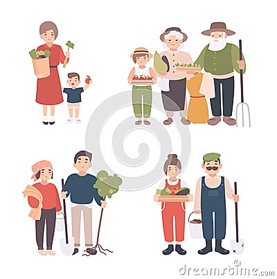 Set of village people. Different young, adult, old farmers and kids together. Happy grandparents, man and woman with Vector Illustration