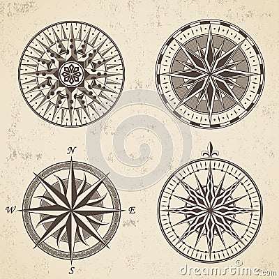 Set of vintage antique wind rose nautical compass signs labels Vector Illustration