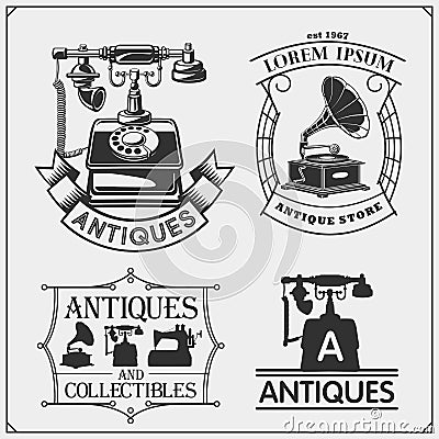 Set of vintage antiques shop labels, badges, emblems and design elements. Vector Illustration