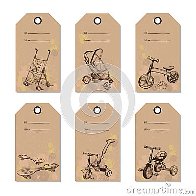 Set vintage baby transport gift card. Hand drawn design Vector Illustration