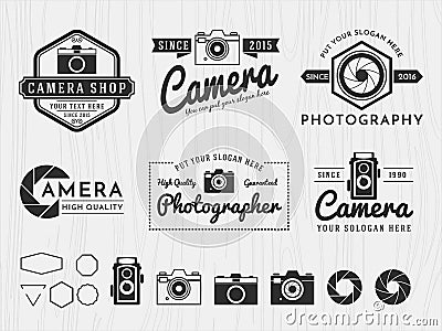 Set of vintage badge logo camera and photography design, monochrome emblem, banner, insignia, logotype and symbol icons for Vector Illustration