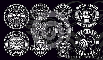 Set of vintage badges, logos, shirt designs for gym. Vector Illustration
