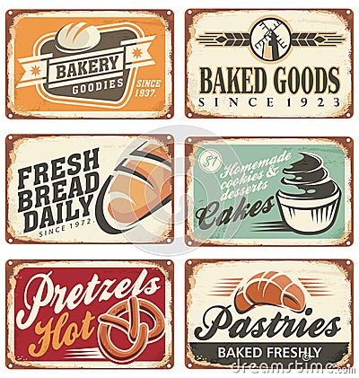 Set of vintage bakery metal signs Vector Illustration