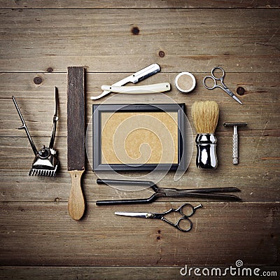 Set of vintage barber shop tools with picture frame Stock Photo