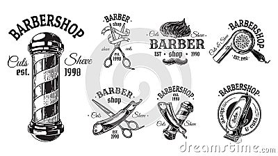 Set of vintage barbershop emblems labels badges logos scissors blade brush pole. Isolated on white background. Vector Illustration