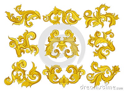 Vector set of vintage baroque ornaments. Elegant floral patterns in Victorian style. Luxurious ornamental elements Vector Illustration