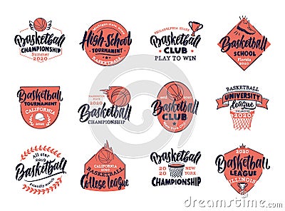 Set of vintage Basketball emblems and stamps. Basketball club, school, league colorful badges Cartoon Illustration