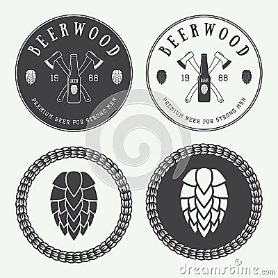 Set of vintage beer and pub logos, labels and emblems with bottles, hops, axes and wheat Vector Illustration