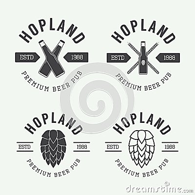 Set of vintage beer and pub logos, labels and emblems with bottles, hops, and wheat Vector Illustration