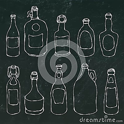 Set of Vintage Beer and Vine Bottles. on a Black Chalkboard Background. Realistic Doodle Cartoon Style Hand Vector Illustration