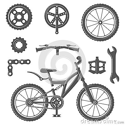 Set of vintage bike and bicycle equipment elements in monochrome style. Vector Illustration