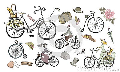Set of vintage bikes, accesories and people, dressed in old fashion style. Vector illustration, isolated elements Vector Illustration