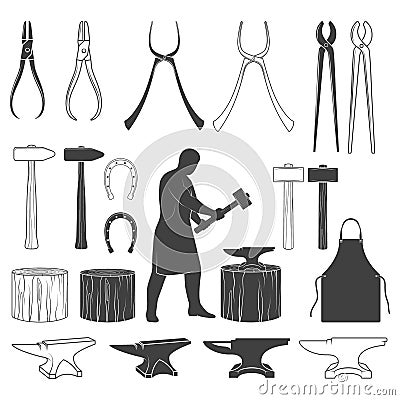 Set of vintage blacksmith icons and design elements Vector Illustration