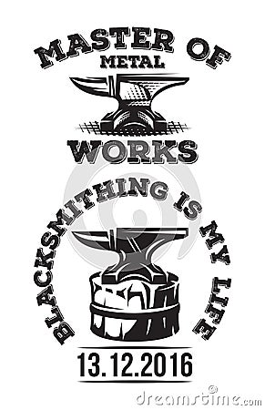 Set of vintage blacksmith label with anvil. Vector illustration. Vector Illustration