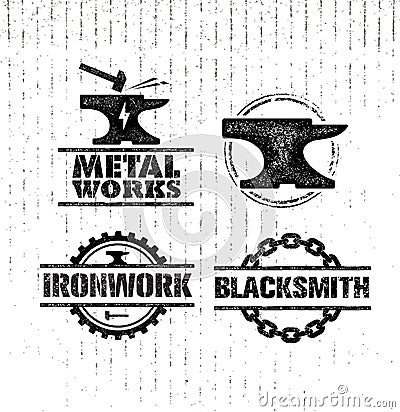 Set of vintage blacksmith labels, badges, emblems and design elements. Vector Rough illustration. Vector Illustration