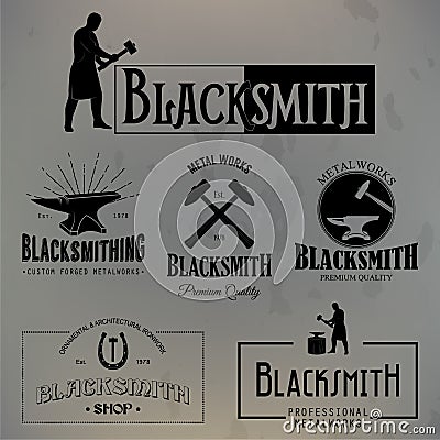 Set of vintage blacksmith labels and design elements Vector Illustration