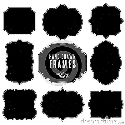 Set of vintage blank frames and labels. Hand drawn Vector Illustration