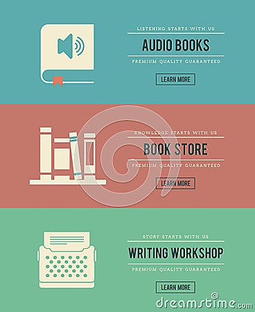 Set of vintage books related banners Vector Illustration