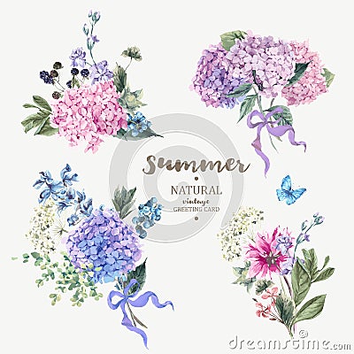 Set of vintage bouquet blooming hydrangea Vector Illustration