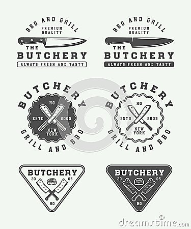 Set of vintage butchery meat, steak or bbq logos, emblems, badge Vector Illustration