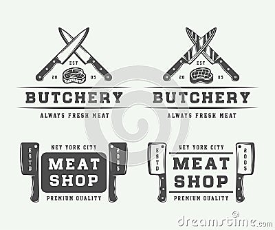 Set of vintage butchery meat, steak or bbq logos, emblems, badge Vector Illustration