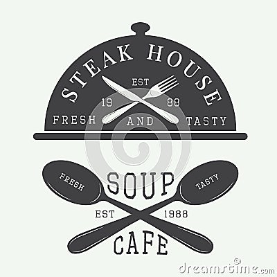 Set of vintage cafe and steak house logo, badge and emblem with spoons, forks and knifes Vector Illustration