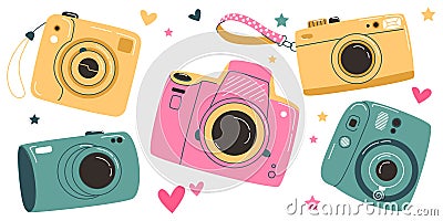 Set of vintage camera device in a cute flat style Vector Illustration