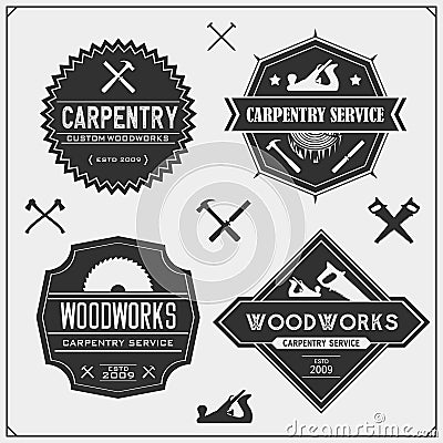 Set of vintage carpentry emblems. Woodwork labels, badges, logos and design elements. Vector Illustration