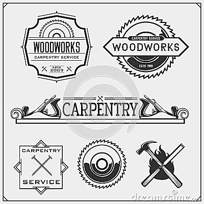 Set of vintage carpentry emblems. Woodwork labels, badges, logos and design elements. Vector Illustration