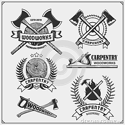 Set of vintage carpentry emblems. Woodwork labels, badges, logos and design elements. Vector Illustration