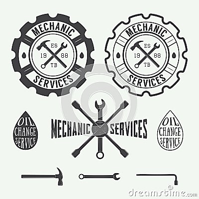 Set of vintage carpentry and mechanic labels, emblems and logo Vector Illustration