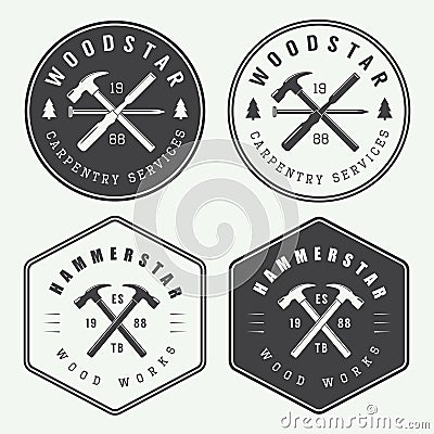 Set of vintage carpentry and mechanic labels, emblems and logo Vector Illustration