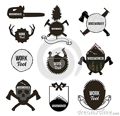 Set of vintage carpentry tools, icons, labels, logo. Vector Illustration