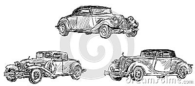Set of vintage cars. Vintage auto graphic black and white drawing. Stock Photo