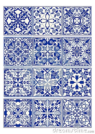 Set of vintage ceramic tiles in azulejo design with blue patterns on white background Vector Illustration