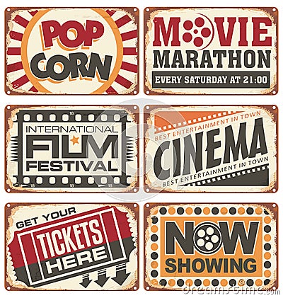 Set of vintage cinema metal signs Vector Illustration