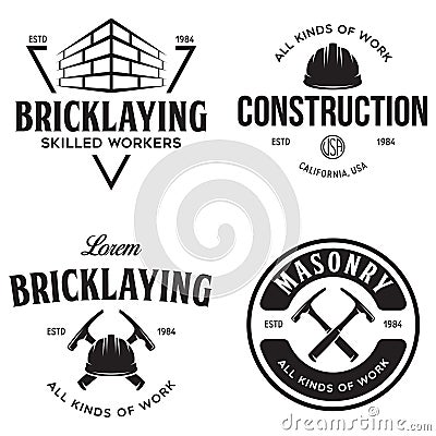 Set of vintage construction and bricklaying labels. Posters, stamps, banners Cartoon Illustration