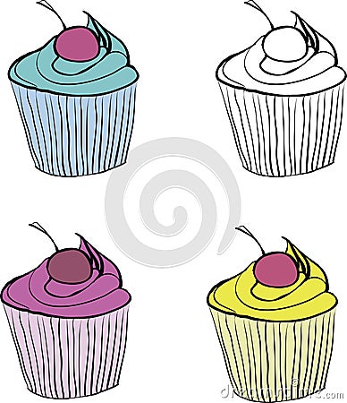 Set of vintage cupcakes painted hands Vector Illustration
