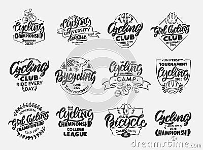 Set of vintage Cycling, Bicycle emblems and stamps. Black sport badges, stickers on white background isolated Cartoon Illustration